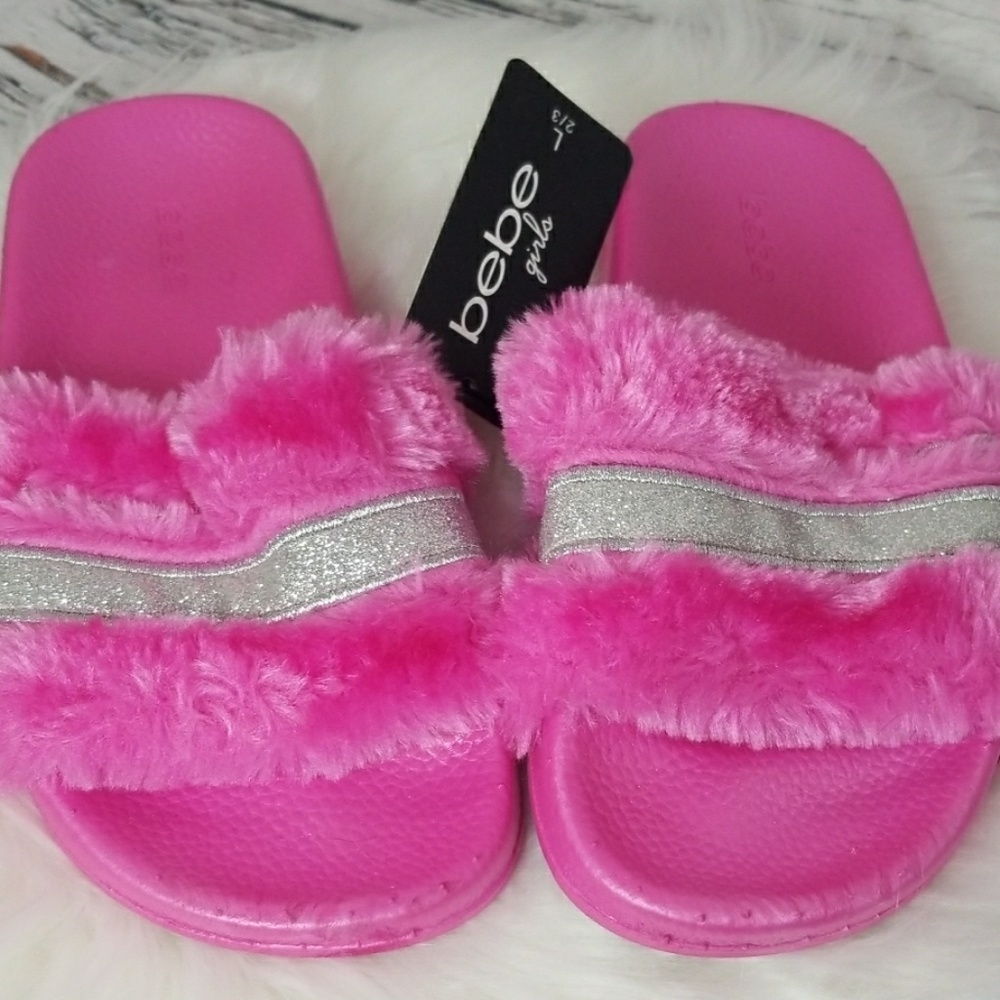 NWT Bebe girls slip on faux fur furry pink slippers sz 2/3 youth